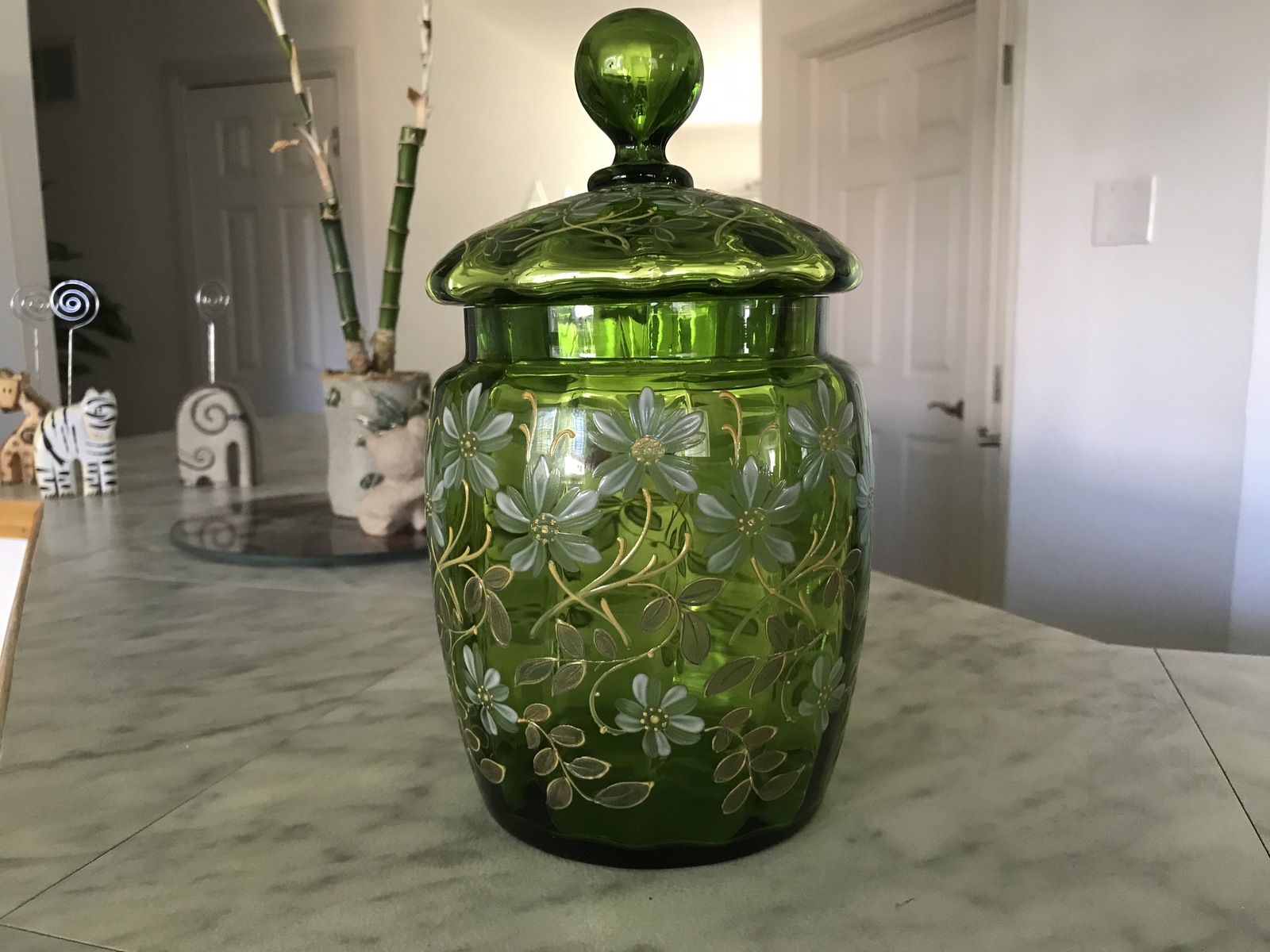 Vintage RARE Moser Hand Painted Enamel Floral Green Glass Jar (Czech Republic) - $849.99