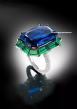 Stunning Royal Blue 18.56CT Sapphire, 8.53CT Green Emerald &amp; White CZ Royal Ring - £521.80 GBP