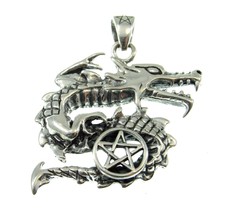 Solid 925 Sterling Silver Curling Dragon and the Pagan Star Pentacle Pendant - £46.56 GBP