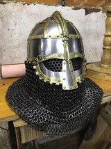 14GA SCA Vendel Medieval Viking Helmet Knight With Chainmail Helmet Brass - £127.99 GBP