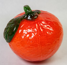 Hand Blown Art Glass Orange w Green Leaf Fruit Paperweight 4&quot; Tall - $12.00