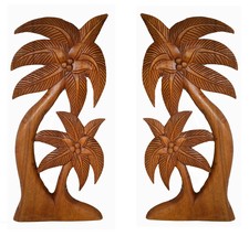 Set of 2 Beautiful Mahogany Wood Palm Tree with Coconuts Tropical Island Wall Ar - $49.44