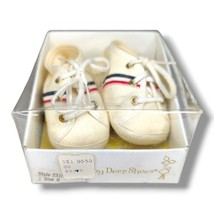 Vintage Baby Deer Beige Blue Red Stripe Lace-Up Soft Sole Crib Shoes Size 0 - £15.68 GBP