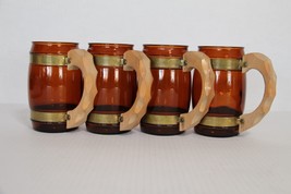 Vintage Amber Brown Beer Mugs Barrel Glass Wood Handle Set of 4 - £14.36 GBP