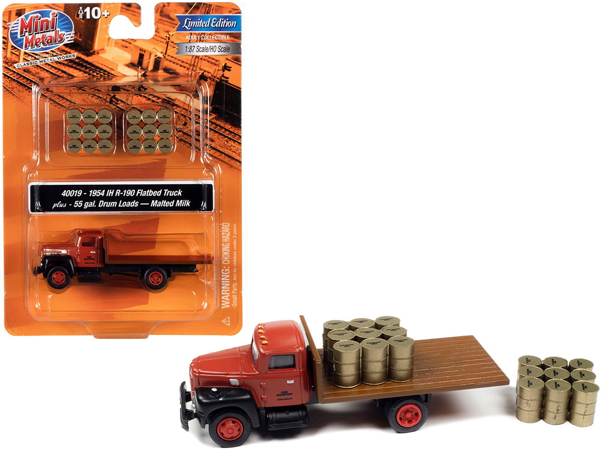 1954 IH R-190 Flatbed Truck Brown and Two 55 Gallon Drum Loads "Pure Malted Milk - £26.63 GBP