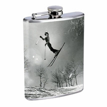 Vintage Skiing Skier Skis D26 Flask 8oz Stainless Steel Hip Drinking Whiskey B&amp;W - £11.65 GBP