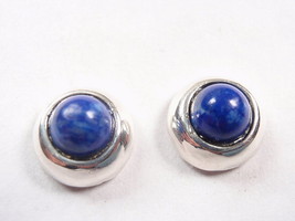 Lapis Border Accented 925 Sterling Silver Stud Round Earrings - £9.34 GBP