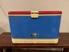 Vintage 70s Thermos Red White Blue Ice Chest Cooler Box Dual Bottle Open... - $70.28