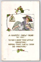 New Year Greeting Pretty Lady Tea Cup With Parrot In Bird Cage Postcard F31 - £7.48 GBP