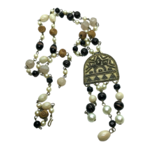 Vintage Bead Necklace dangler pendant Glass Wood Brass Plastic Long Boho artisan - £22.31 GBP