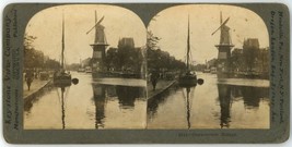 c1890&#39;s Stereoview Card 5041 Characteristic Holland Windmill and River With Boat - £7.55 GBP