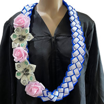 Graduation Money Lei Flower Pink Rose Royal Blue &amp; White Four Braided Ri... - $74.20