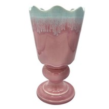 Vintage Hull Pink Vase with Blue Scalloped Top With Blue Drips USA Marked 72 &#39;57 - £51.47 GBP