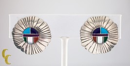 Sterling Silver Lapidary Inlay Sunburst Clip-On Earrings Gorgeous - £187.75 GBP