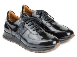 Paul Parkman Mens Shoes Sneakers Black Polished Leather Handmade Luxury ... - £285.95 GBP