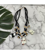 Vintage 90s Chunky Cat Beaded Necklace Black White Wood Layered Kittens ... - $18.80
