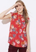 NWT Women&#39;s Ann Taylor LOFT Red Floral Smocked Neck Flutter Shell Top Sz Large - £31.64 GBP