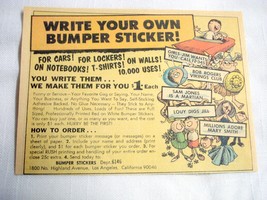 1967 Bumper Stickers Ad Write Your Own Bumper Stickers, Los Angeles, Calif. - £6.31 GBP