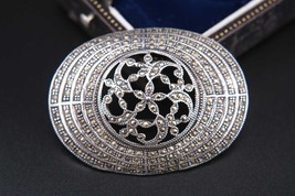 Vintage 925 Sterling Silver Marcasite Brooch – Intricate Filigree Design... - $1,229.71 MXN