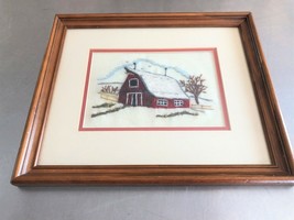 VTG Framed Finished Needlework Embroidery Red Barn Farm Scene Matted Gla... - $32.37