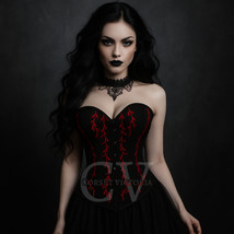 Gothic Black Satin Overbust Corset with Red Embroidery Halloween Costume... - $89.99+