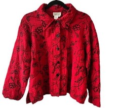 Coldwater Creek Jacket Womens L Silk Blend Red Black Floral Embroidered ... - £12.94 GBP