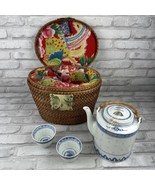 Chinese Tea Set In Padded Wicker Basket Picnic Basket Gold Hardware Blue... - £91.96 GBP