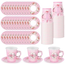 100 Pcs Disposable Tea Party Cup And Plates Floral Paper Teacups With Handle And - £35.09 GBP