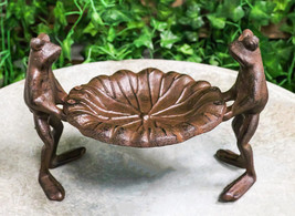 Cast Iron 2 Toad Frogs With Waterlily Lily Pad Bird Feeder Bath Garden Figurine - £25.78 GBP