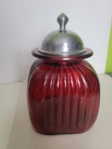 Vintage Artland Painted Red Ribbed Glass Kitchen Canister Jar w Lid Large - £77.50 GBP