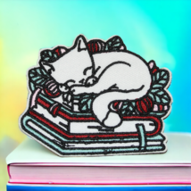 Cute Kitten Cat Sleeping Stack of Books Clothing Iron On Patch Decal Emb... - £5.51 GBP