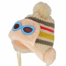 Trendy Apparel Shop Kid&#39;s Goggle Soft Fur Trimming Pom Knit Beanie Hat - Beige - £8.83 GBP