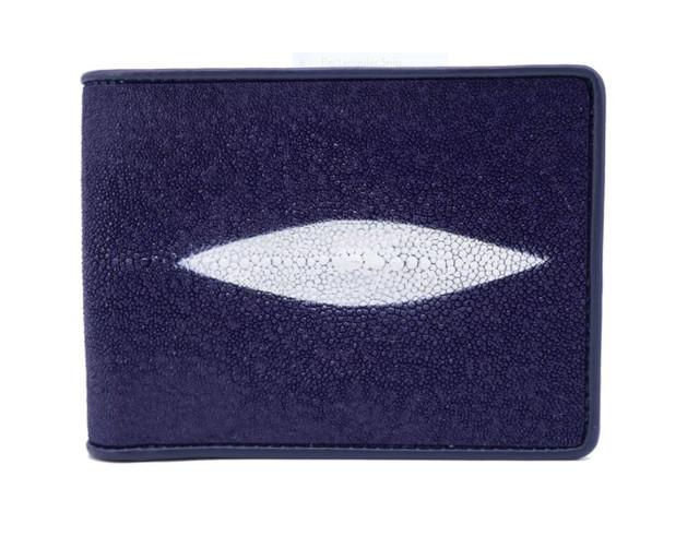 Genuine Stingray Skin Leather Bifold 2 eyes Wallet for Men : Blue