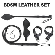 Real Cow Leather Wrist Cuffs, Eye Mask, Riding Crop &amp;Bullwhip BDSM Bondage Set - £395.60 GBP