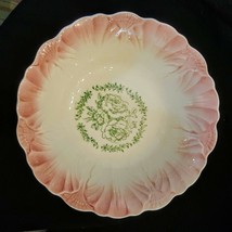 Pink Scalloped Serving Bowl Vintage Porcelain China Green Cabbage Rose P... - $19.78