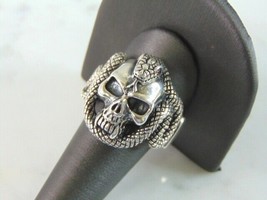 Mens Vintage Estate Sterling Silver Skull &amp; Snake Ring 20.5g E5112 - £87.04 GBP