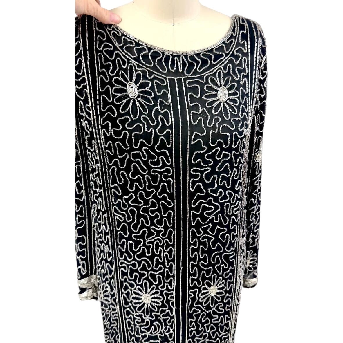 VTG 80s Saks Fifth Ave Black Silk Beaded Dress M Art Deco Flapper 20s Revival Item image 7