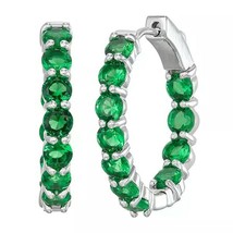14K White Gold Plated Round Brilliant Green Emerald Inside-Outside Hoop Earrings - £75.18 GBP