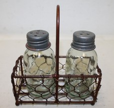 Light Green Mason Jar Salt and Pepper Shakers in Wire Basket Retro Style - £11.74 GBP