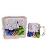 Vtg Otagiri Set of 2 Sailboats Lighthouses 3D Textured Coffee Tea Mug &amp; ... - $23.36