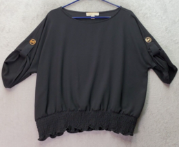 Michael Kors Blouse Top Women Large Black Sheer Polyester Ruched Round N... - $23.08