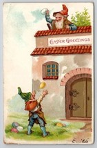 Easter Greetings Silly Gnomes Tossing Colored Eggs Postcard P21 - £7.81 GBP