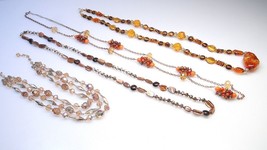 4 Elegant Topaz Amber Crystal Art Glass Bead Necklaces Long Strands Necklace Lot - $75.00