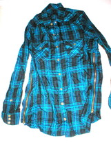 New Womens Designer True Religion XS Plaid Top $169 Black Aqua Blue NW Tunic Zip - $167.31