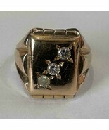 Vintage 14K Yellow Gold Plain Rectangle 3 Diamond Signet Ring Size 8.5 - $15,618.97 MXN