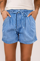 Beau Blue Casual Chambray Drawstring Elastic Waistband Shorts - $368.63 MXN