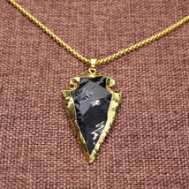Arrowhead Pendant Necklace Raw Obsidian Dragonglass Black Gold 30&quot; Steel Chain - £37.36 GBP