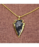 Arrowhead Pendant Necklace Raw Obsidian Dragonglass Black Gold 30&quot; Steel... - £37.16 GBP