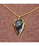 Arrowhead Pendant Necklace Raw Obsidian Dragonglass Black Gold 30&quot; Steel... - $47.51