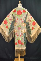Cream Peacock ArtDeco DeLuxe Vintage Velvet &amp;Silk Boho Fringed Kimono - £179.63 GBP